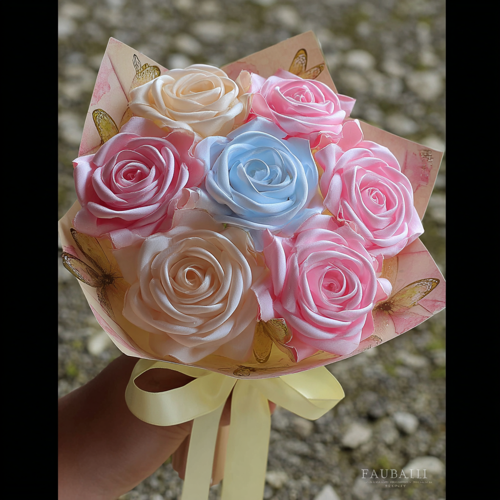 Handmade Whimsical Ribbon Bouquet – Pastel Mix with Butterfly Motif Wrap